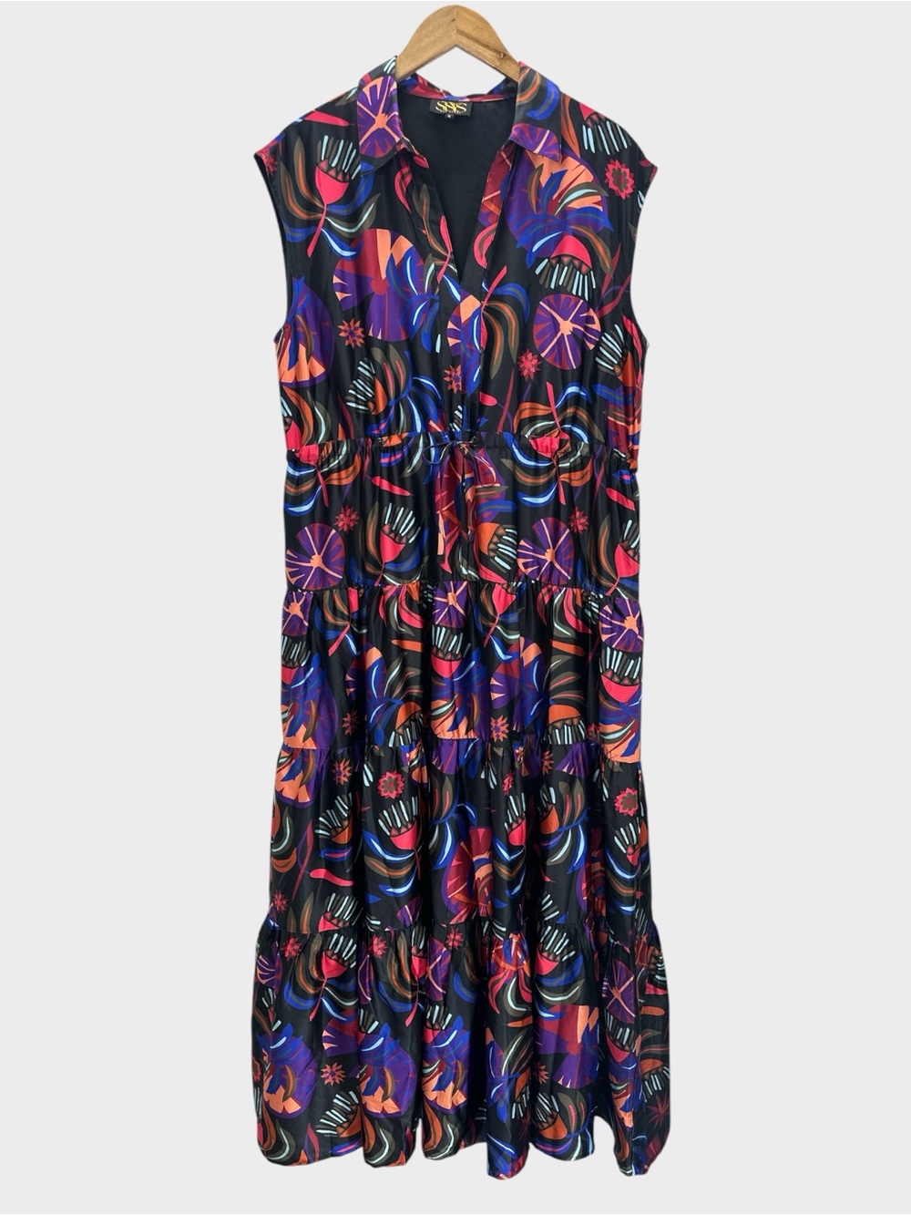 SSYS Rowe Midnight Palms Tiered Maxi Dress Sleeveless Drawstring Collared XL - Picture 4 of 14